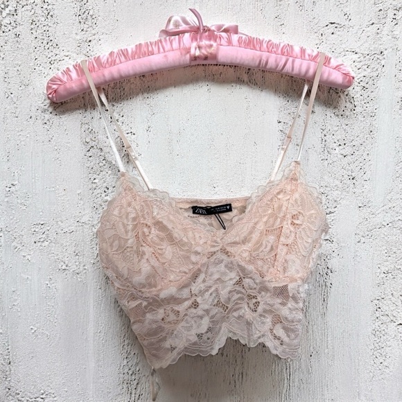 NWT Zara Delicate Lace Crop Top in Soft Blush Bralette dainty coquette M - Picture 1 of 5